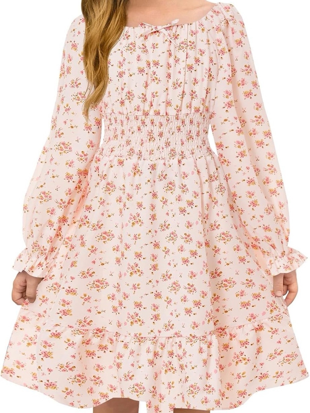 Amazon Pink Floral Smocked-Waist Ruffle Hem Dress
